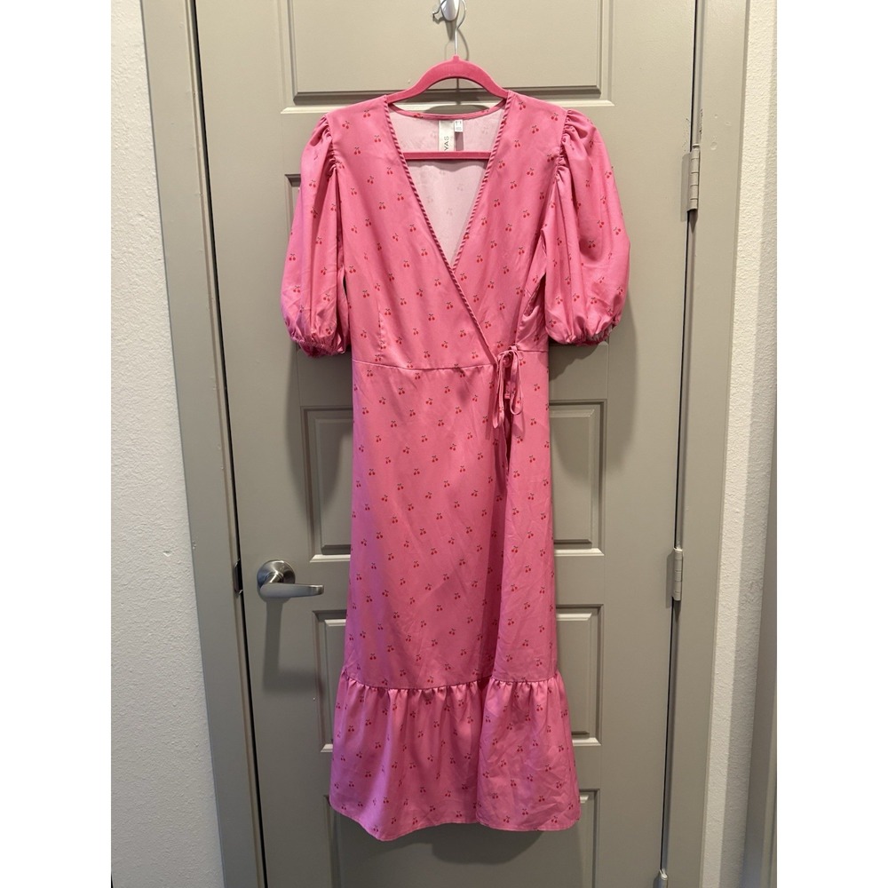 Y.A.S‎ Pink Cherry Print Wrap Midi Dress Puff Sleeve Cottagecore Size L
